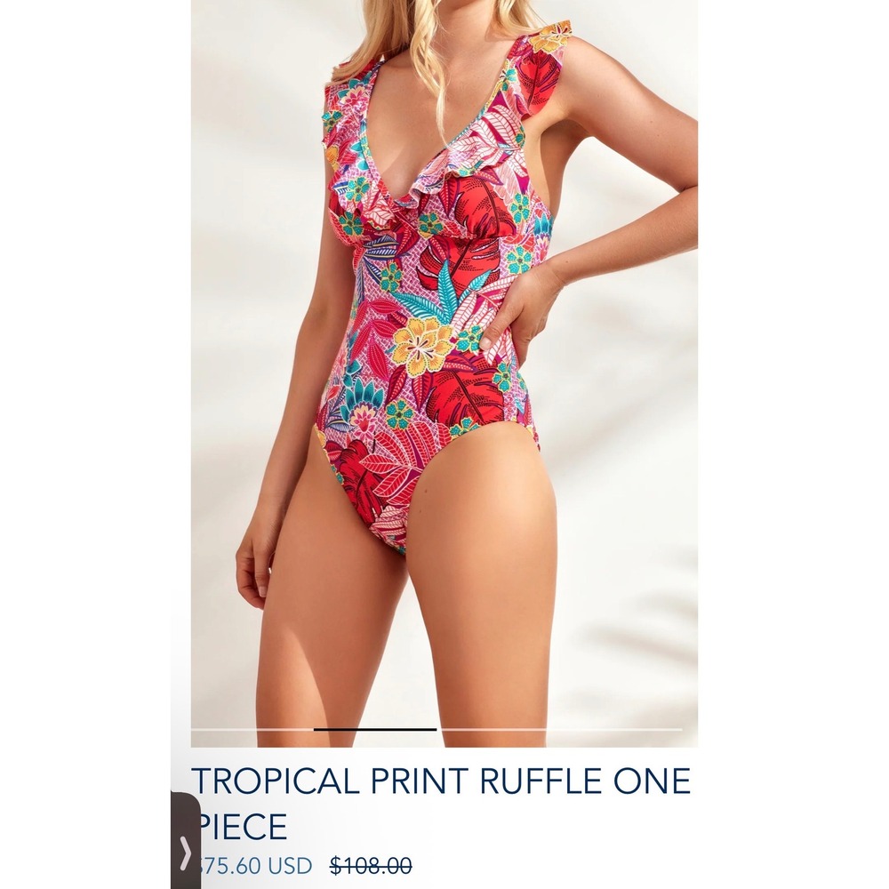 Caribbean Joe Tropical Print Ruffle One Piece Swimsuit Pink Floral Size 14